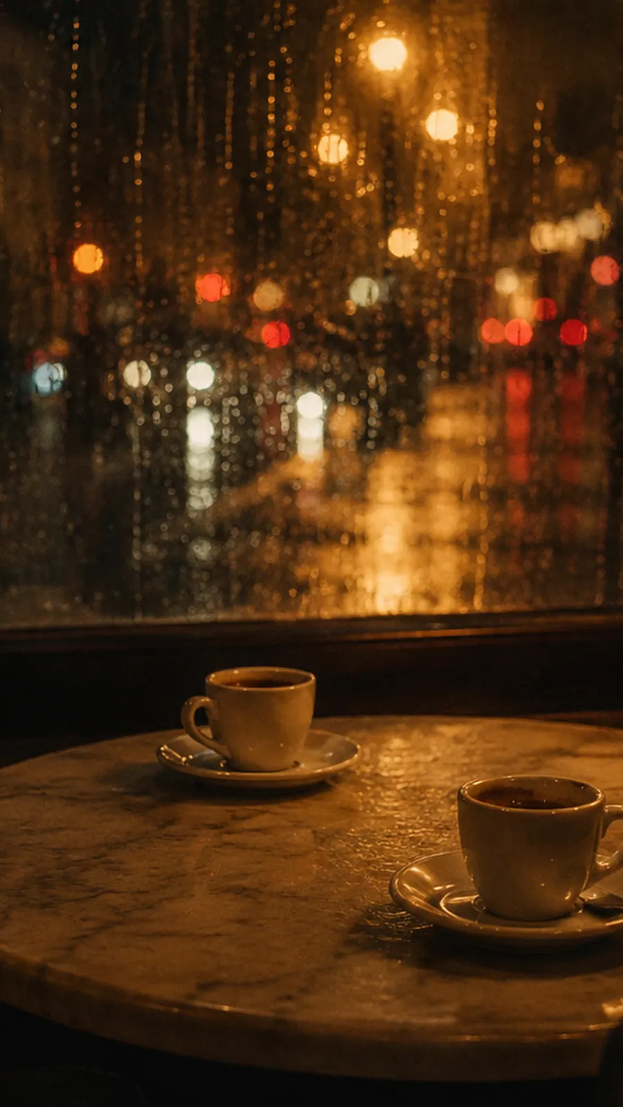 Tavolino di un caffè la sera, due tazzine e la pioggia sul vetro
